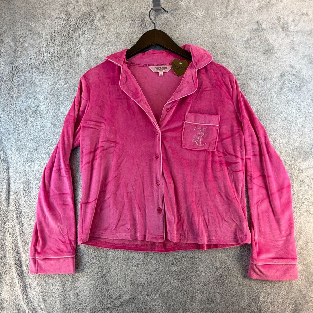 Juicy Couture Pink Velour Pajama Top Sleep Shirt Rhinestone Logo Women's M NWT
